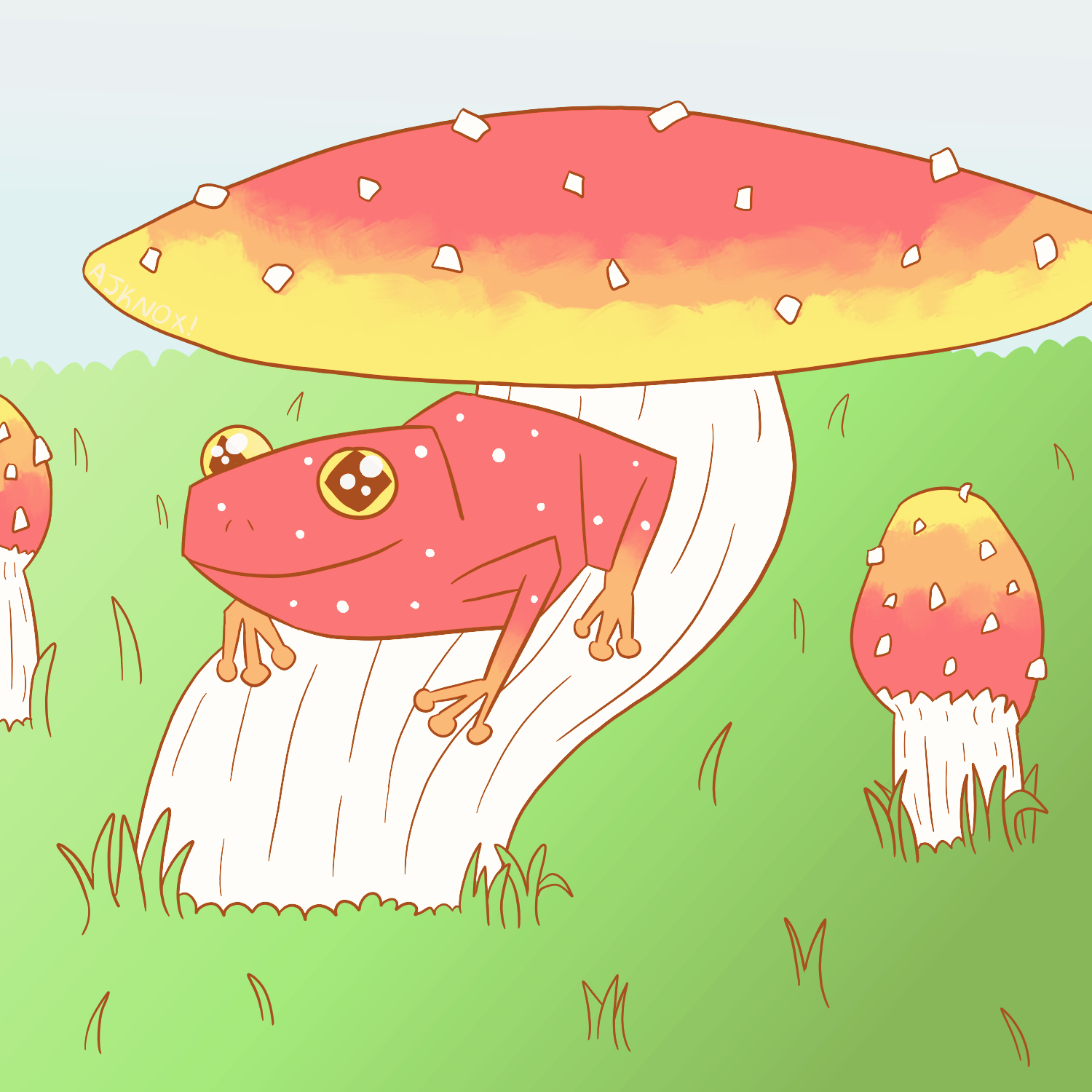 a red frog with orange feet sitting on the horizontal stem of a mushroom that shares its color scheme. it appears as if it's smiling. two other mushrooms are shown nearby.